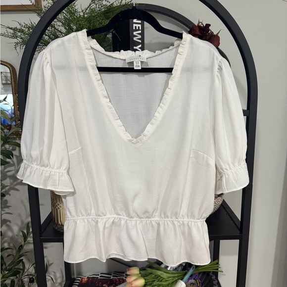 Topshop Cream V-Neck Ruffle Blouse size 14 - Picture 1 of 5